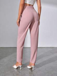 SHEIN Tall Quần nữ Nút Dây kéo Uốn nếp màu trơn Thanh lịch - Bụi hồng - Xem 2