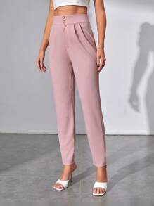 SHEIN Tall Quần nữ Nút Dây kéo Uốn nếp màu trơn Thanh lịch - Bụi hồng - Xem 3