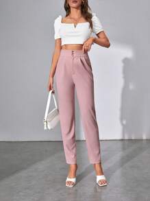SHEIN Tall Quần nữ Nút Dây kéo Uốn nếp màu trơn Thanh lịch - Bụi hồng - Xem 4