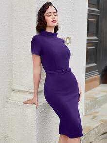 MUXXN Đầm Thắt lưng Dây kéo màu trơn Thanh lịch - Màu tím - Xem 4