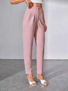 SHEIN Tall Quần nữ Nút Dây kéo Uốn nếp màu trơn Thanh lịch - Bụi hồng - Xem 5