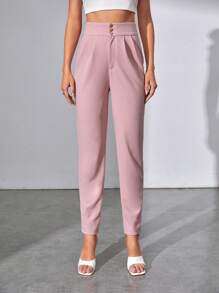 SHEIN Tall Quần nữ Nút Dây kéo Uốn nếp màu trơn Thanh lịch - Bụi hồng - Xem 6