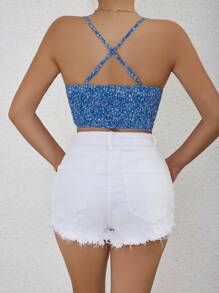 SHEIN VCAY 碎花垂領露背交叉頭巾下擺吊帶上衣 - 藍色 - 查看 2