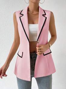 SHEIN Privé 撞色滾邊翻蓋細節馬甲西裝外套 - 粉色 - 查看 4