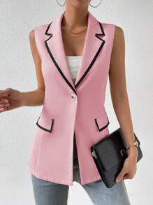 SHEIN Privé 撞色滾邊翻蓋細節馬甲西裝外套 - 粉色 - 查看 5