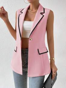 SHEIN Privé 撞色滾邊翻蓋細節馬甲西裝外套 - 粉色 - 查看 6