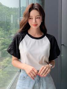 DAZY Áo thun nữ Xù Khối Màu Giải trí - Đen và trắng - Xem 1