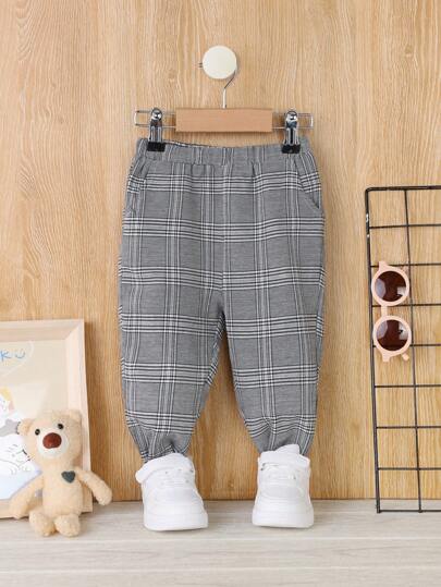 SHEIN Baby Boys' Elegant, Fashionable, Simple, Practical, Easy Slip-on, Elastic Waistband Pants With Pockets