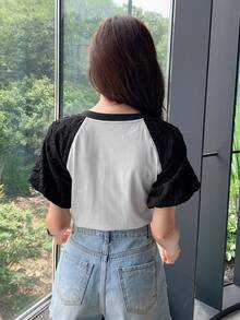 DAZY Áo thun nữ Xù Khối Màu Giải trí - Đen và trắng - Xem 2