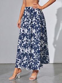SHEIN Tall 印花彈性腰帶半身裙 - 藍白色 - 查看 3