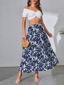 SHEIN Tall 印花彈性腰帶半身裙 - 藍白色 - 查看 4