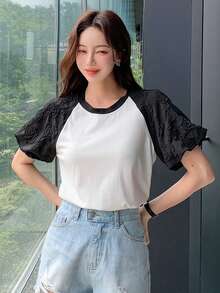 DAZY Áo thun nữ Xù Khối Màu Giải trí - Đen và trắng - Xem 6