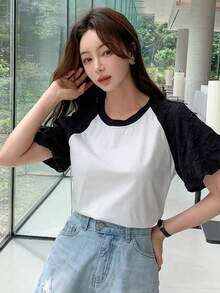 DAZY Áo thun nữ Xù Khối Màu Giải trí - Đen và trắng - Xem 7