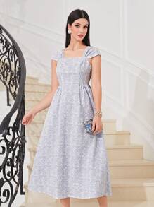 Mulvari Floral Print Square Neck Dress - Baby Blue - View 1