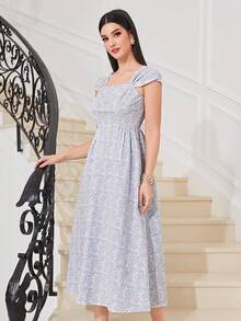 Mulvari Floral Print Square Neck Dress - Baby Blue - View 3