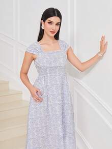 Mulvari Floral Print Square Neck Dress - Baby Blue - View 4