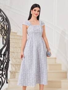 Mulvari Floral Print Square Neck Dress - Baby Blue - View 5