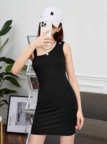 SHEIN 青少年女孩不對稱領緊身連衣裙 - 黑色 - 查看 4