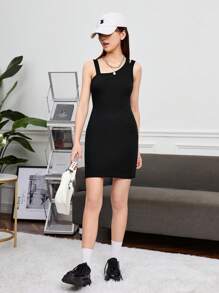 SHEIN 青少年女孩不對稱領緊身連衣裙 - 黑色 - 查看 6