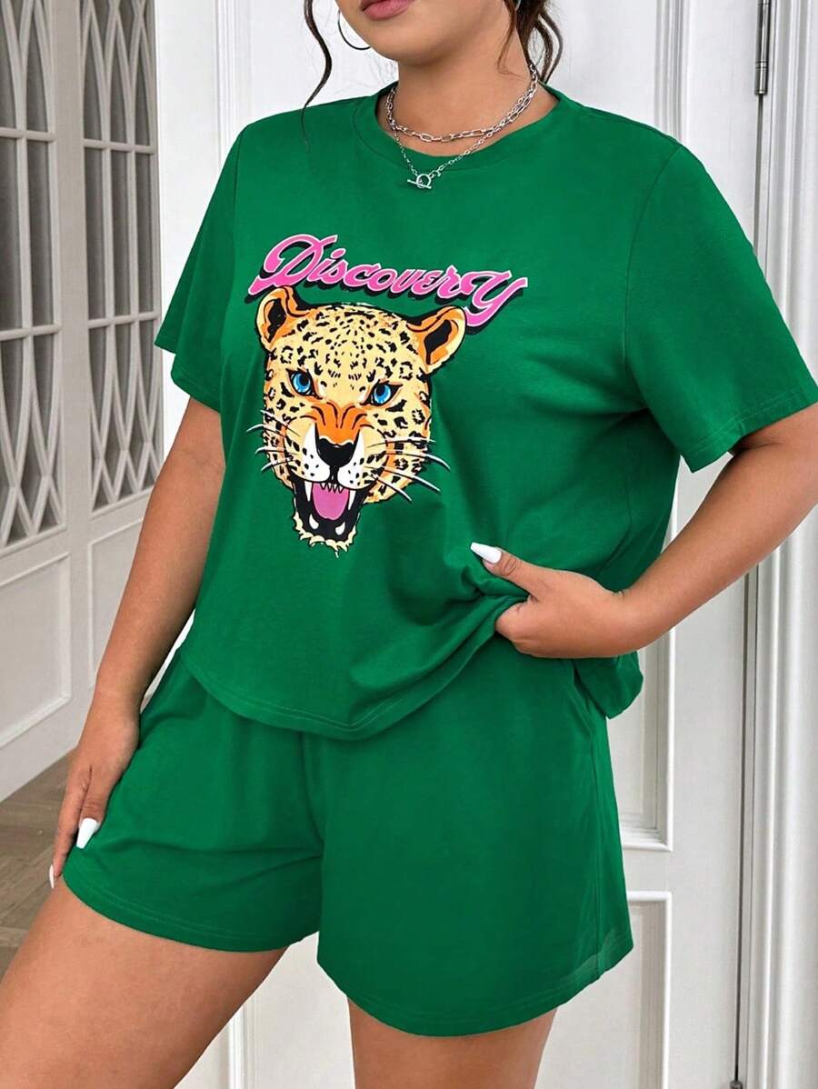 SHEIN EZwear Kích thước lớn Báo In Áo thun Và Bộ quần short - màu xanh lá - Xem 1