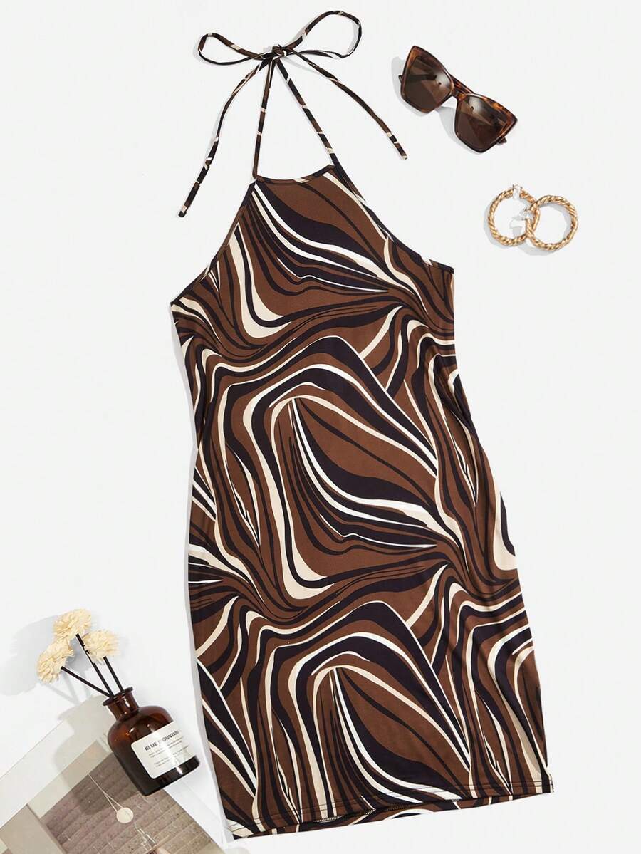 SHEIN EZwear Đầm Plus Size Lộ Lưng Buộc lại Tất cả trên in Gợi cảm - màu nâu - Xem 1