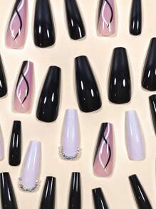 24 件迷人时尚简约线条设计棺材形指甲戴用假指甲带胶适用于手指按压指甲美甲用品指甲