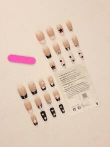 Upgrade Your Look With 24pcs Short Coffin Star Print 3D Rhinestone Decor Full Cover Press On Fake Nail Kit - Multicolor - View 2