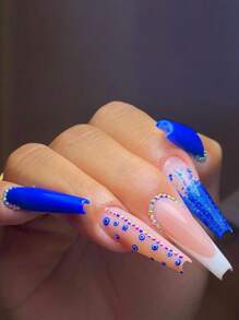 使用 24 件超长棺材 3D 水钻装饰全覆盖假指甲套装提升您的外观，按压式指甲，美甲用品，指甲 - 彩色 - 查看 1