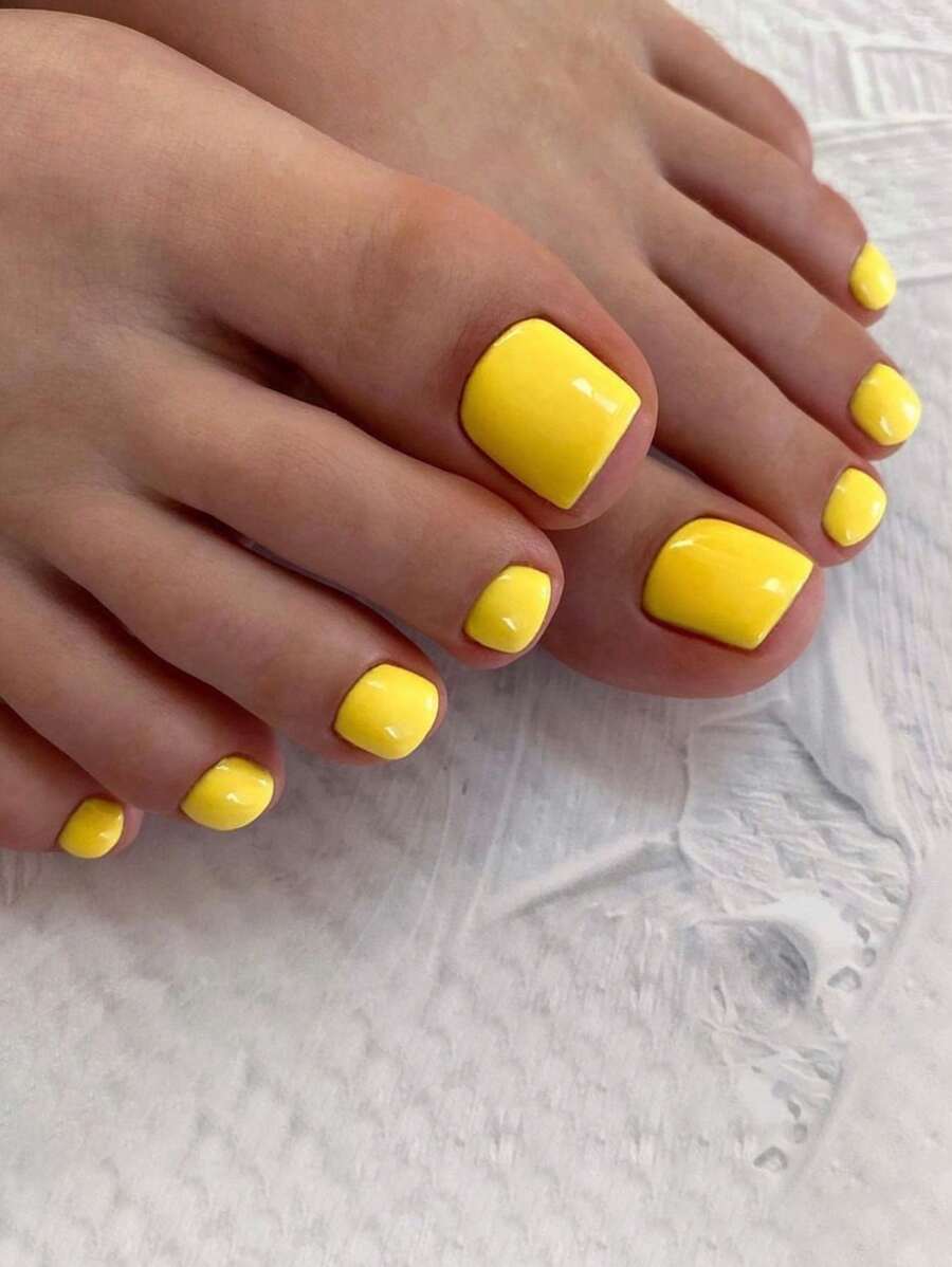 Upgrade Your Look With 24pcs Sunny Short Square Solid Full Cover Fake Toenail Press On Nails Manicure Kit Nail Supplies - Yellow - View 1