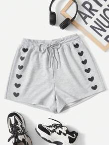 SHEIN EZwear Shorts con estampado de corazón de cintura con cordón - Gris Claro - Ver 1