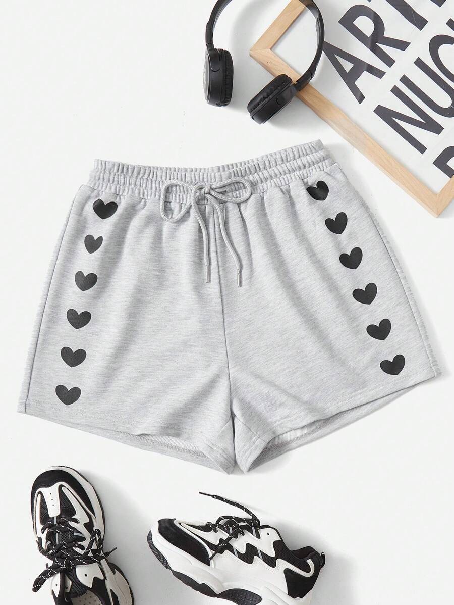SHEIN EZwear Shorts con estampado de corazón de cintura con cordón - Gris Claro - Ver 1
