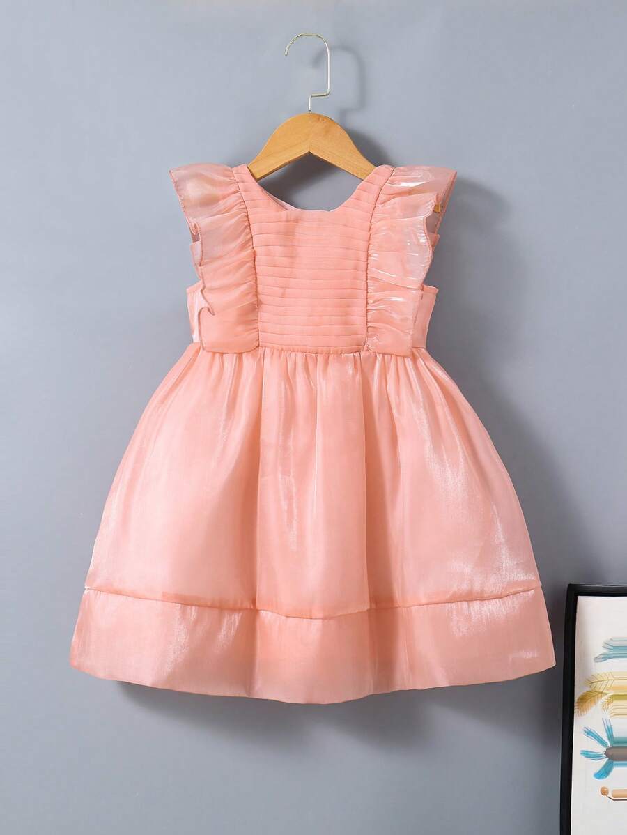 Toddler Girls' Solid Colour Elegant Organza Party Dress With Ruffle Edge And Pleats - Pink - View 1