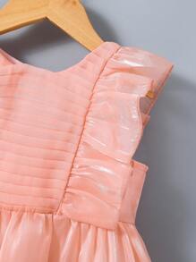 Toddler Girls' Solid Colour Elegant Organza Party Dress With Ruffle Edge And Pleats - Pink - View 3