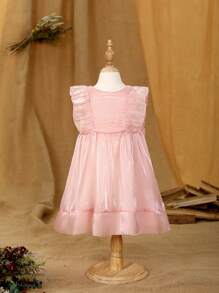 Toddler Girls' Solid Colour Elegant Organza Party Dress With Ruffle Edge And Pleats - Pink - View 4