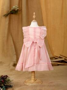 Toddler Girls' Solid Colour Elegant Organza Party Dress With Ruffle Edge And Pleats - Pink - View 5