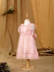 Toddler Girls' Solid Colour Elegant Organza Party Dress With Ruffle Edge And Pleats - Pink - View 6