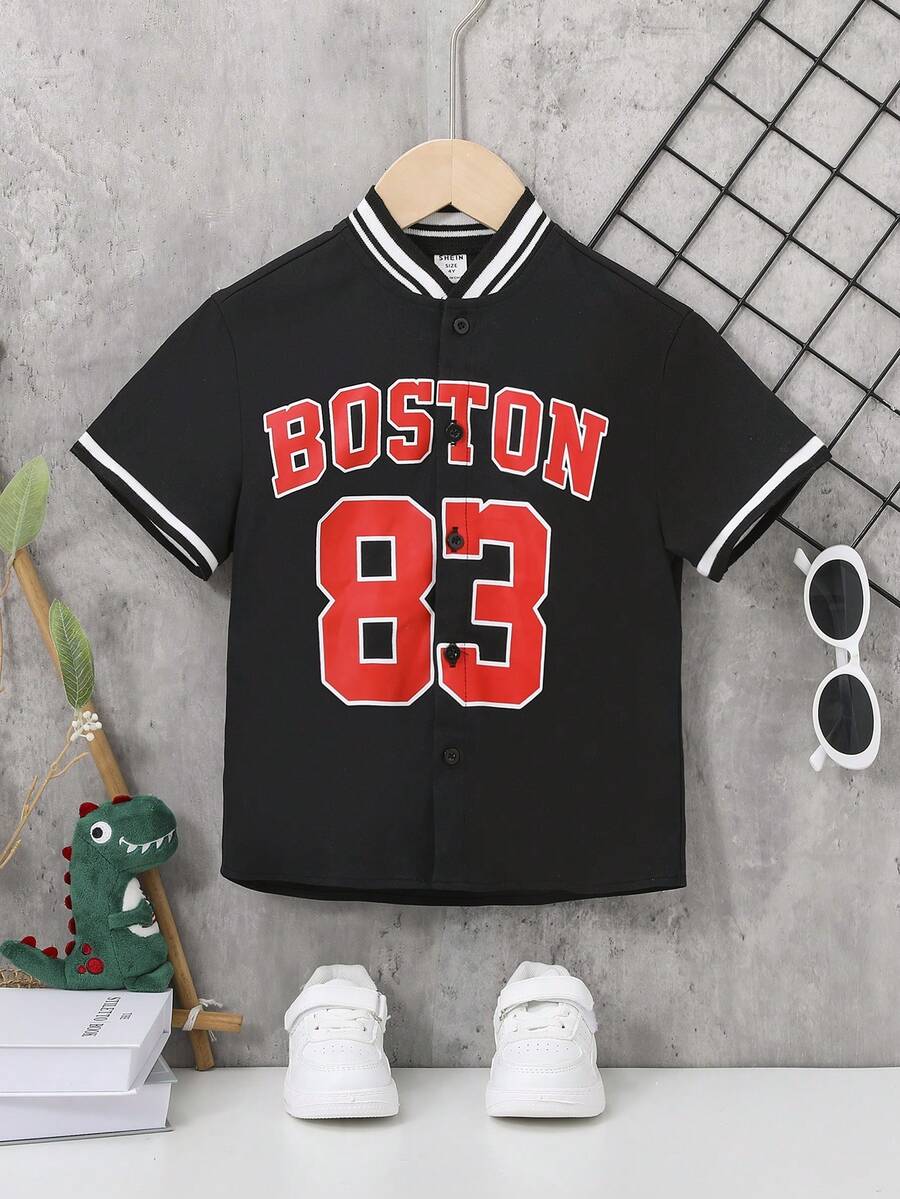 SHEIN 小男童字母圖案條紋飾邊襯衫