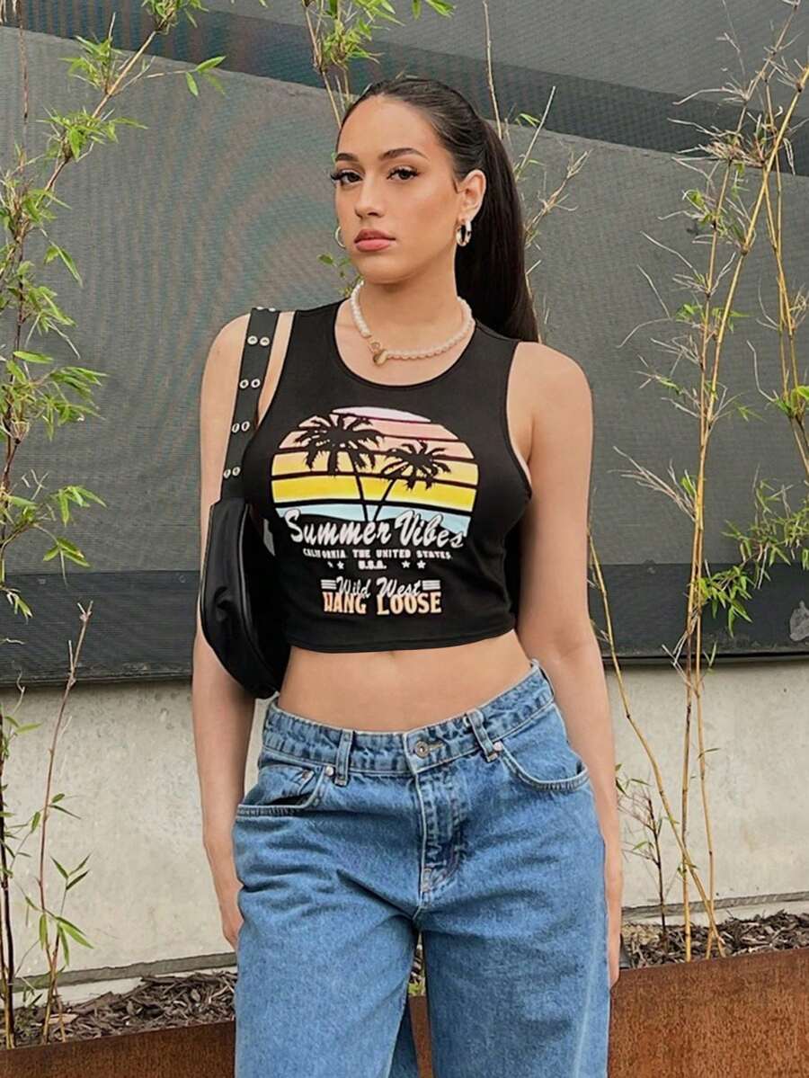 SHEIN EZwear Áo khoác và áo lót dành cho xe tăng nữ Lá thư Nhiệt đới Giải trí - màu đen - Xem 1