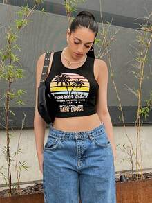 SHEIN EZwear Áo khoác và áo lót dành cho xe tăng nữ Lá thư Nhiệt đới Giải trí - màu đen - Xem 5