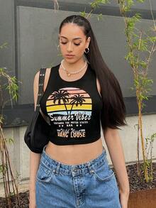 SHEIN EZwear Áo khoác và áo lót dành cho xe tăng nữ Lá thư Nhiệt đới Giải trí - màu đen - Xem 6
