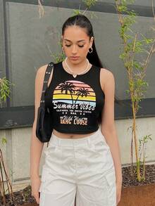 SHEIN EZwear Áo khoác và áo lót dành cho xe tăng nữ Lá thư Nhiệt đới Giải trí - màu đen - Xem 4