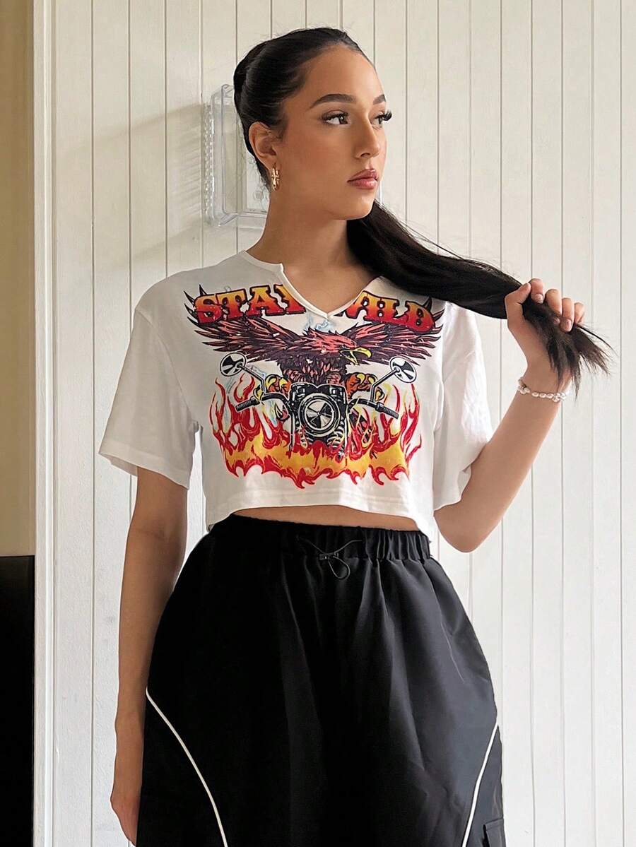 SHEIN EZwear Áo thun nữ Thú vật Lá thư Giải trí - trắng - Xem 1