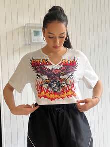 SHEIN EZwear Áo thun nữ Thú vật Lá thư Giải trí - trắng - Xem 3