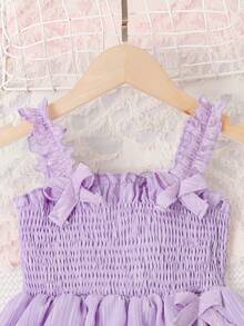 Young Girls Bow Front Ruffle Trim Shirred Dress - Mauve Purple - View 3