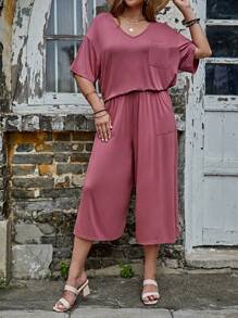 SHEIN LUNE 大碼1入組落肩T恤和1入組闊腿褲 - 藕粉色 - 查看 1