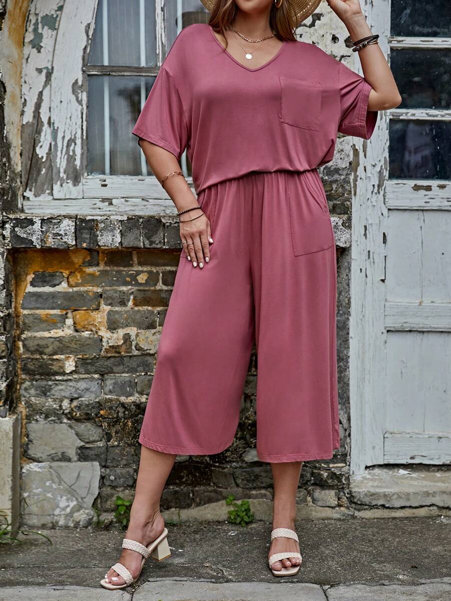 SHEIN LUNE 大碼1入組落肩T恤和1入組闊腿褲 - 藕粉色 - 查看 1