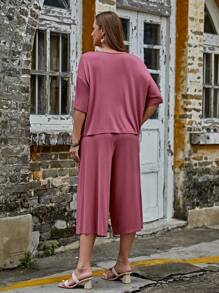 SHEIN LUNE 大碼1入組落肩T恤和1入組闊腿褲 - 藕粉色 - 查看 9
