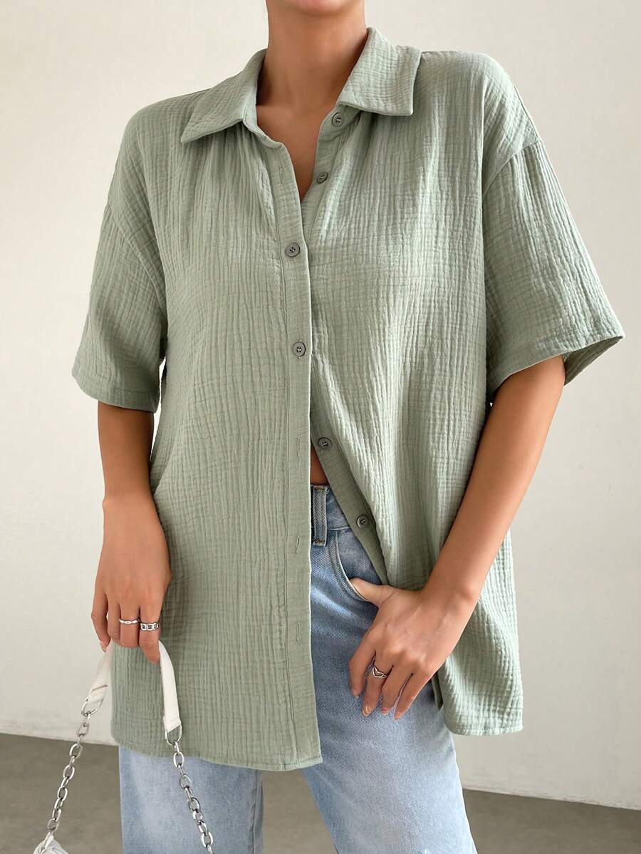 SHEIN EZwear Women Blouses Tombol Depan Plain Casual - Hijau - View 1