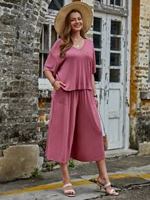 SHEIN LUNE 大碼1入組落肩T恤和1入組闊腿褲 - 藕粉色 - 查看 3