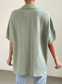 SHEIN EZwear Women Blouses Tombol Depan Plain Casual - Hijau - View 2